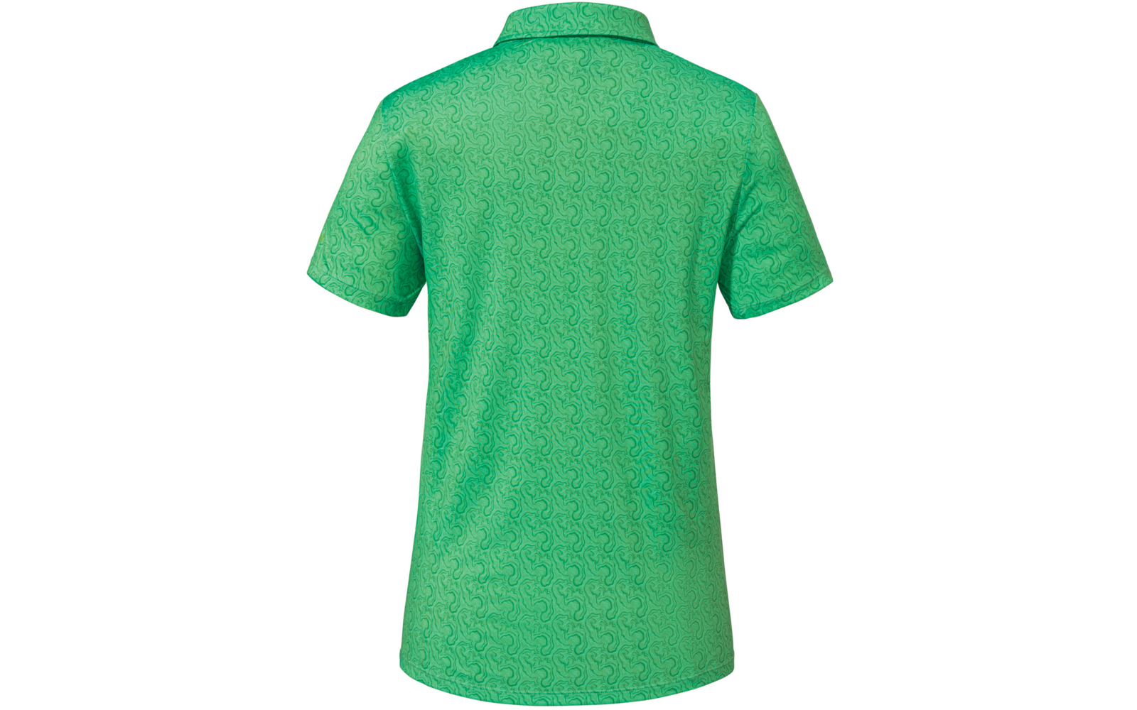 Rückansicht eines grünen, kurzärmligen Poloshirts mit Kragen und feinem gewelltem Muster auf weißem Hintergrund