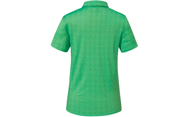 Rückansicht eines grünen, kurzärmligen Poloshirts mit Kragen und feinem gewelltem Muster auf weißem Hintergrund