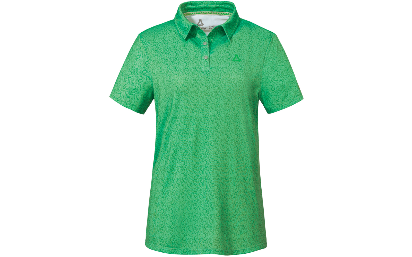 Grünes kurzärmeliges Poloshirt mit Kragen, Knopfleiste, durchgehendem Muster und kleinem Brustlogo