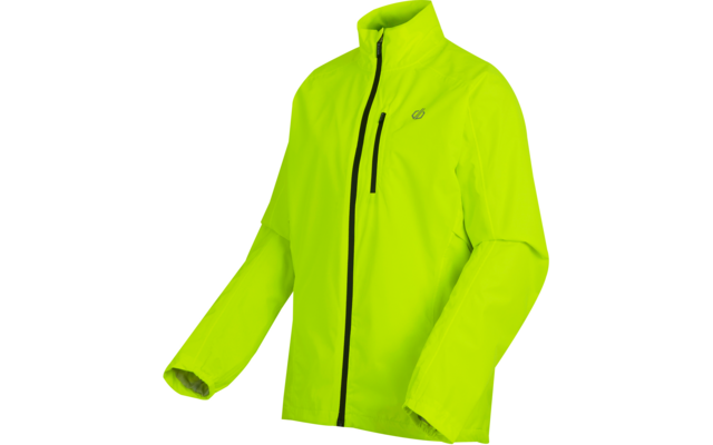 Neongelbe Jacke in Drei-Viertel-Ansicht, durchgehender schwarzer Reißverschluss vorne, senkrechte Brusttasche mit schwarzem Reißverschluss links, lange Ärmel, Stehkragen, kleines Logo auf der Brust, weißer Hintergrund