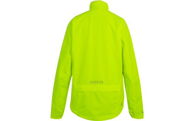 Rückenansicht einer fluoreszierend gelb-grünen Jacke mit Stehkragen, langen Ärmeln, aufgesetzter Tasche unten, Aufdruck "DARE 2B" und kleinem rundem Logo rechts