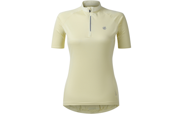 Hellgelbes kurzärmeliges Oberteil mit kurzem Stehkragen, halbem Reißverschluss vorne, kleinem Logo auf der linken Brust und leicht verlängertem Rückenteil mit elastischem Saum