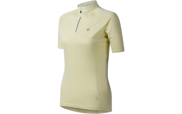 Hellgelbes, kurzärmeliges Trikot mit Stehkragen und kurzem Reißverschluss, kleinem Logo links auf der Brust, taillierte Form und leicht verlängertes Rückenteil