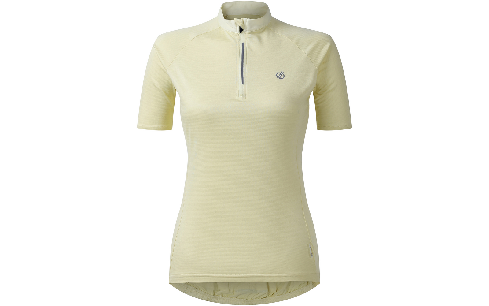 Hellgelbes kurzärmeliges Oberteil mit kurzem Stehkragen, halbem Reißverschluss vorne, kleinem Logo auf der linken Brust und leicht verlängertem Rückenteil mit elastischem Saum