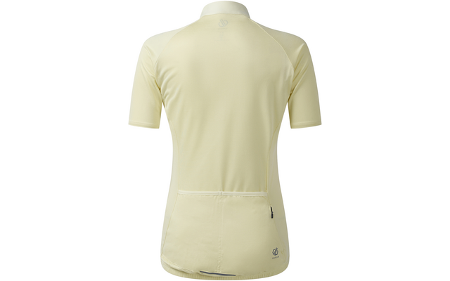 Hellgelbes kurzärmeliges Fahrradtrikot, Rückansicht, drei Rückentaschen, Logo am Nacken und Saum, kleine Reißverschlusstasche rechts