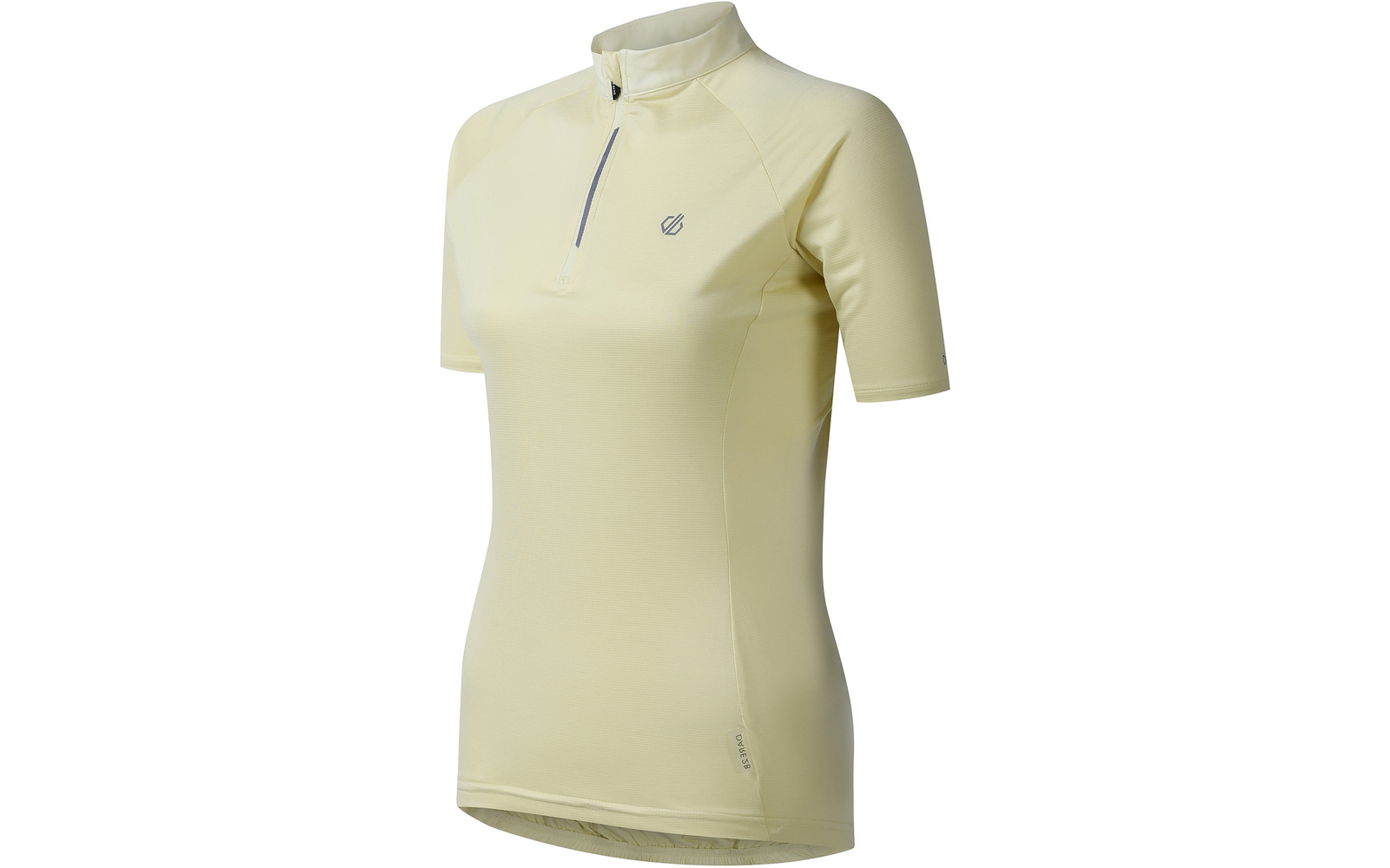 Hellgelbes, kurzärmeliges Trikot mit Stehkragen und kurzem Reißverschluss, kleinem Logo links auf der Brust, taillierte Form und leicht verlängertes Rückenteil