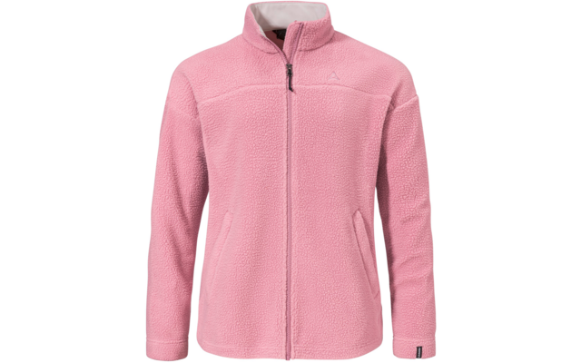 Rosa Fleecejacke mit durchgehendem Reißverschluss, Stehkragen und zwei seitlichen Taschen auf weißem Hintergrund