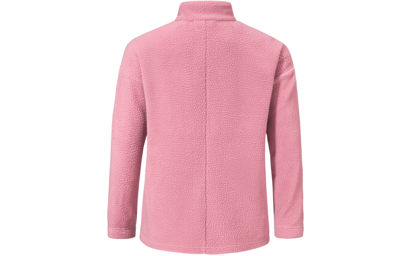 Rosa Fleecejacke mit Stehkragen, lange Ärmel, Rückenansicht, mittige Naht