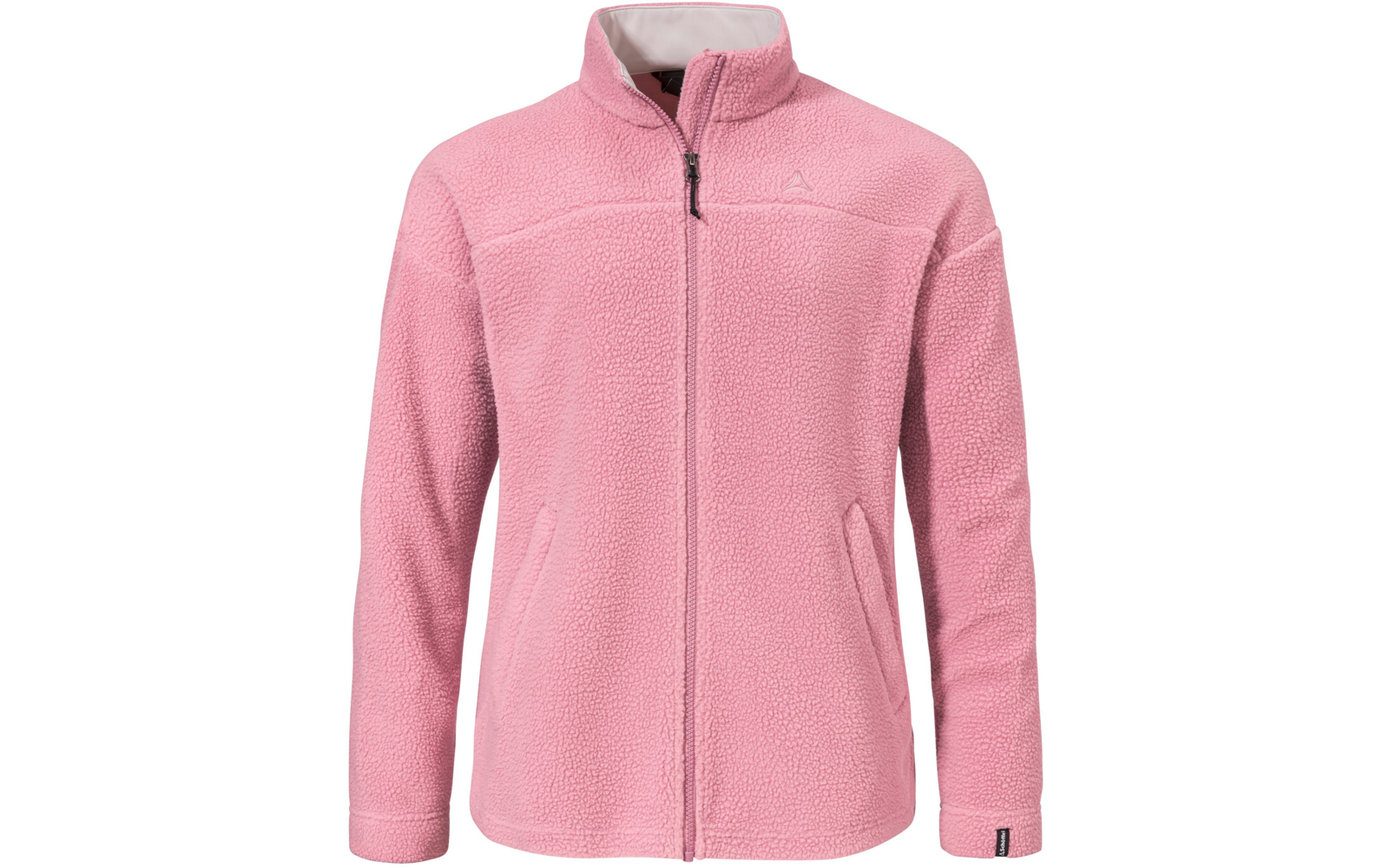 Rosa Fleecejacke mit durchgehendem Reißverschluss, Stehkragen und zwei seitlichen Taschen auf weißem Hintergrund