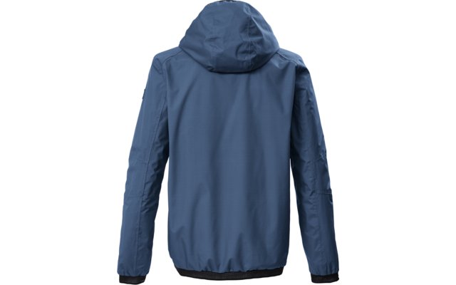 Rückansicht einer blauen Jacke mit Kapuze, langen Ärmeln sowie schwarzem elastischem Saum und Bündchen