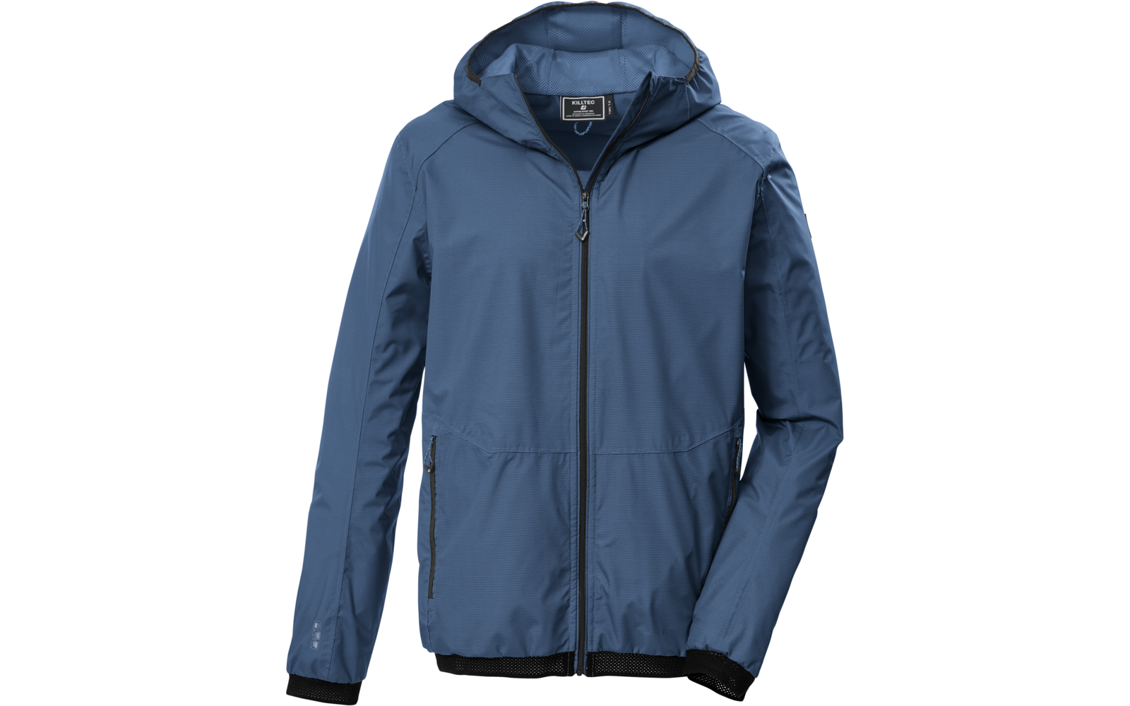 Blaue Kapuzenjacke, Frontalansicht, durchgehender Reißverschluss, zwei seitliche Reißverschlusstaschen, lange Ärmel, schwarze elastische Bündchen und Saum