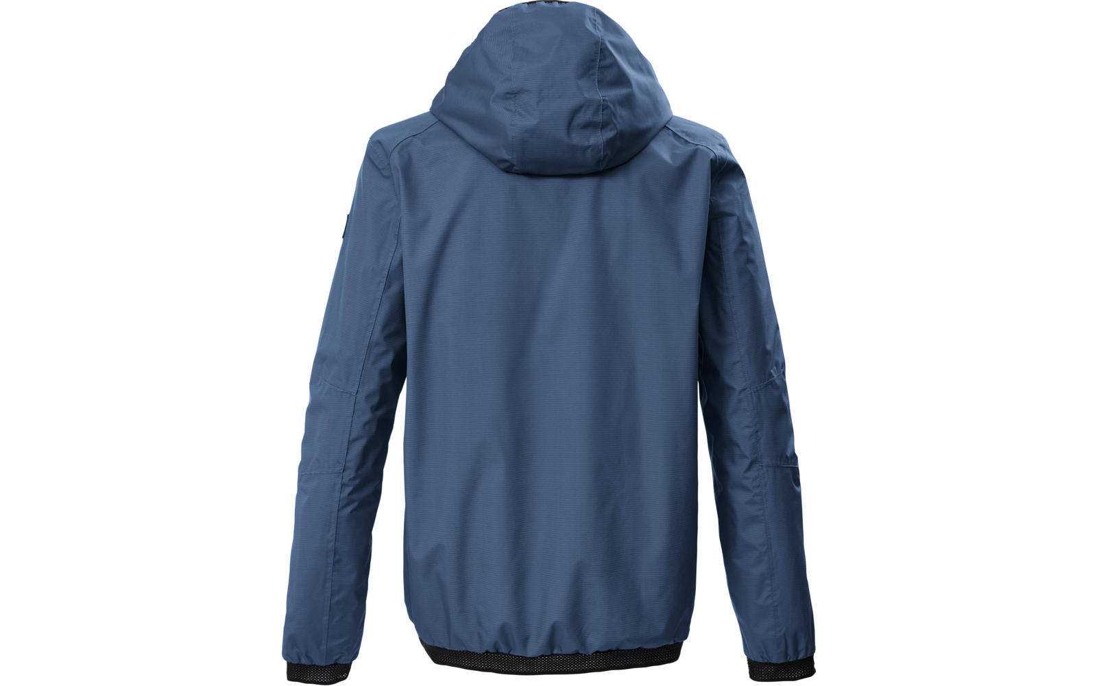 Rückansicht einer blauen Jacke mit Kapuze, langen Ärmeln sowie schwarzem elastischem Saum und Bündchen