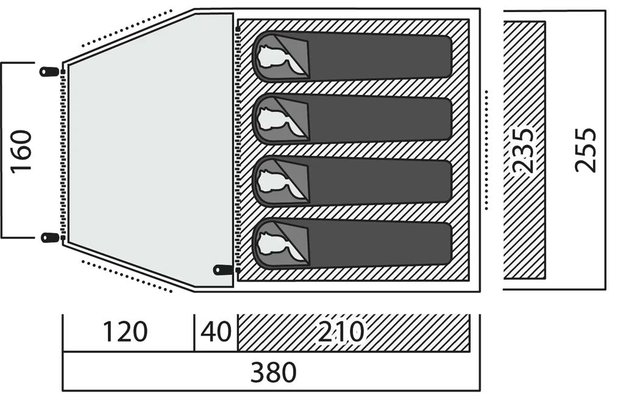 Draufsicht mit geometrischen Formen: links ein hellgraues trapezförmiges Feld mit der Zahl '160'; rechts ein rechteckiger Bereich mit fünf dunkelgrauen, horizontalen, abgerundeten Rechtecken, in jedem ein kleines helles rundes Element an der linken S
