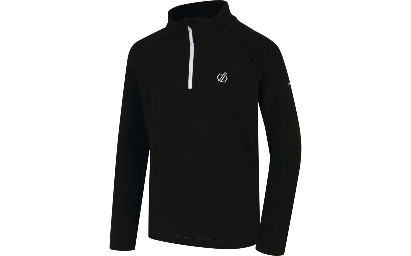 Schwarzer Pullover mit kurzem Reißverschluss und weißem Logo auf der Brust