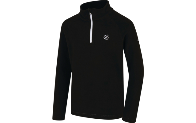 Schwarzer Pullover mit kurzem Reißverschluss und weißem Logo auf der Brust