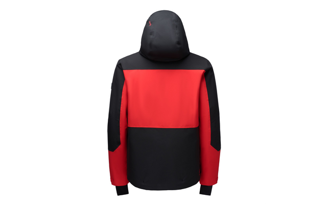 Rückansicht einer rot-schwarzen Kapuzenjacke, glatte Oberfläche, rotes Mittelteil, schwarze obere Passe und Saum, schwarze Einsätze an den Ärmeln, kleines rotes Emblem oben links