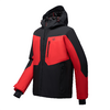 Rote und schwarze Jacke mit Kapuze, Reißverschluss, Brusttasche und Logo