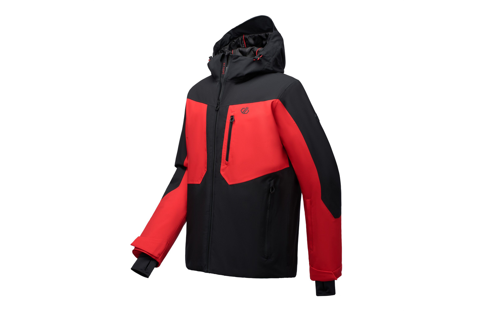 Rote und schwarze Jacke mit Kapuze, Reißverschluss, Brusttasche und Logo