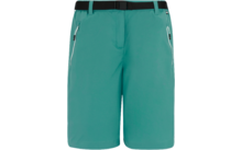 Shorts turquoise, vue de face, deux poches latérales zippées avec fermetures blanches, ceinture noire à la taille avec boucle et passants