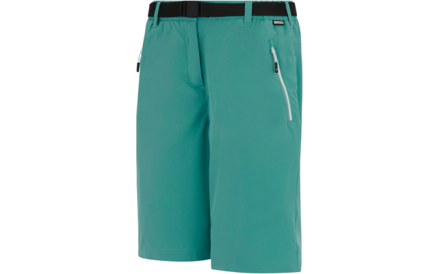 Türkisfarbene kurze Hose mit schwarzem Gürtel, Gürtelschlaufen, einer Reißverschlusstasche an der rechten Vorderseite und einem kleinen schwarzen Etikett am Bund