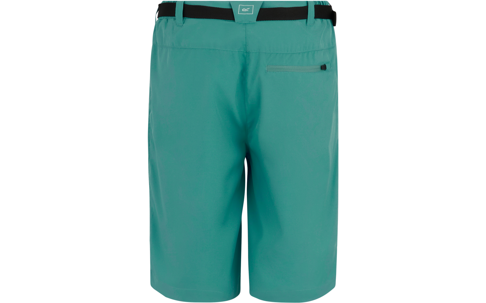 Rückansicht türkisfarbener Shorts mit schwarzem Gürtel und Reißverschlusstasche rechts