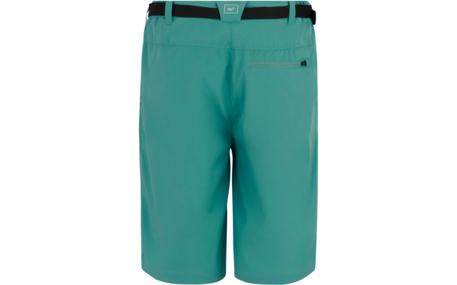 Rückansicht türkisfarbener Shorts mit schwarzem Gürtel und Reißverschlusstasche rechts