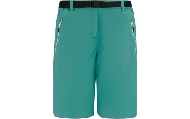 Türkisfarbene Shorts, frontale Ansicht, zwei seitliche Reißverschlusstaschen mit weißen Zippern, schwarzer Taillengurt mit Schnalle und Gürtelschlaufen