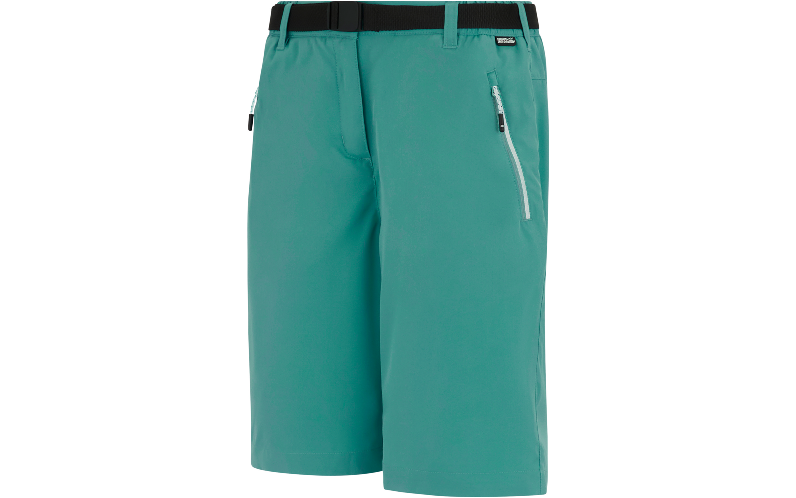 Türkisfarbene kurze Hose mit schwarzem Gürtel, Gürtelschlaufen, einer Reißverschlusstasche an der rechten Vorderseite und einem kleinen schwarzen Etikett am Bund