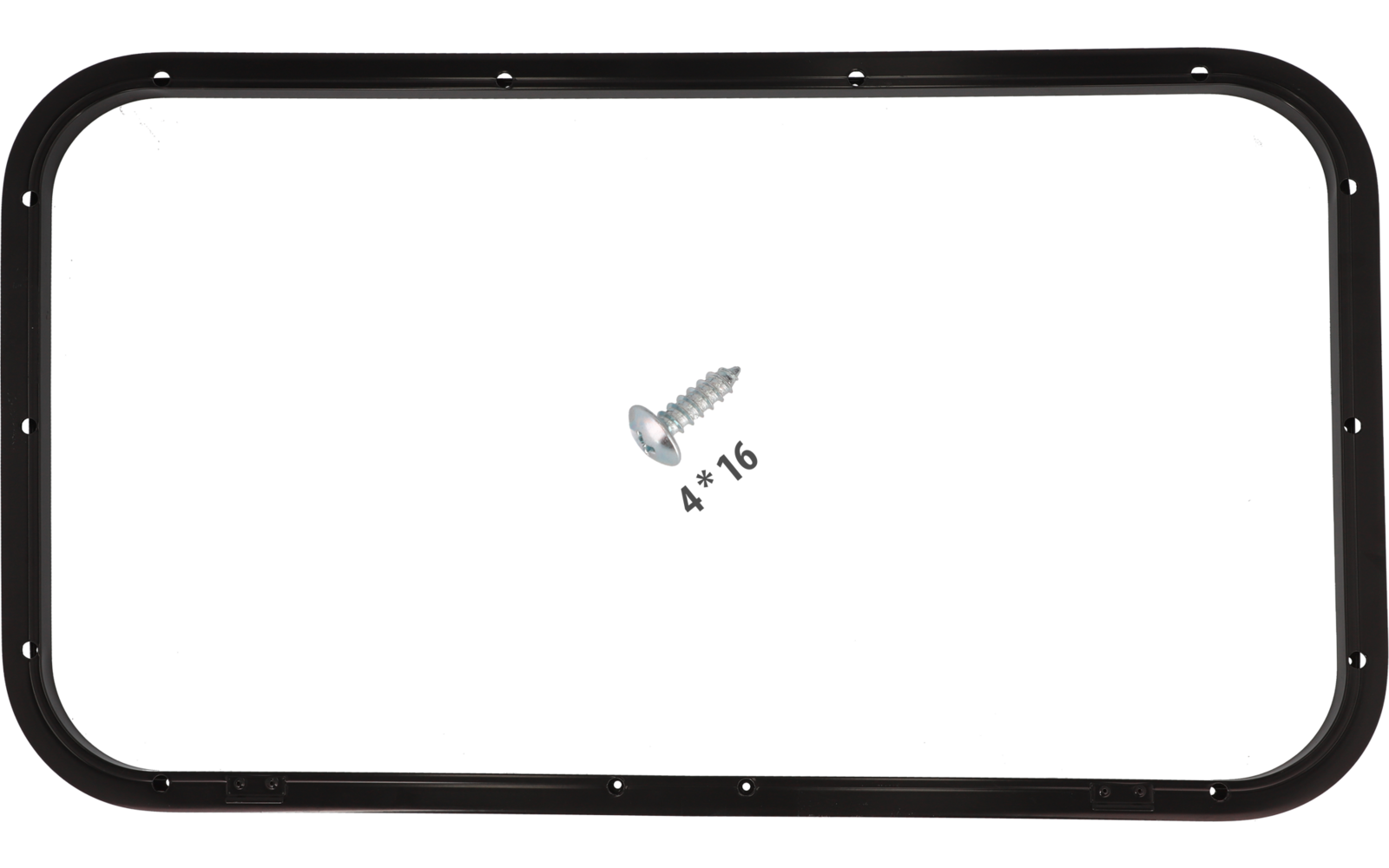 Black smartphone frame in landscape orientation, centered single silver Phillips‑head screw on a black background