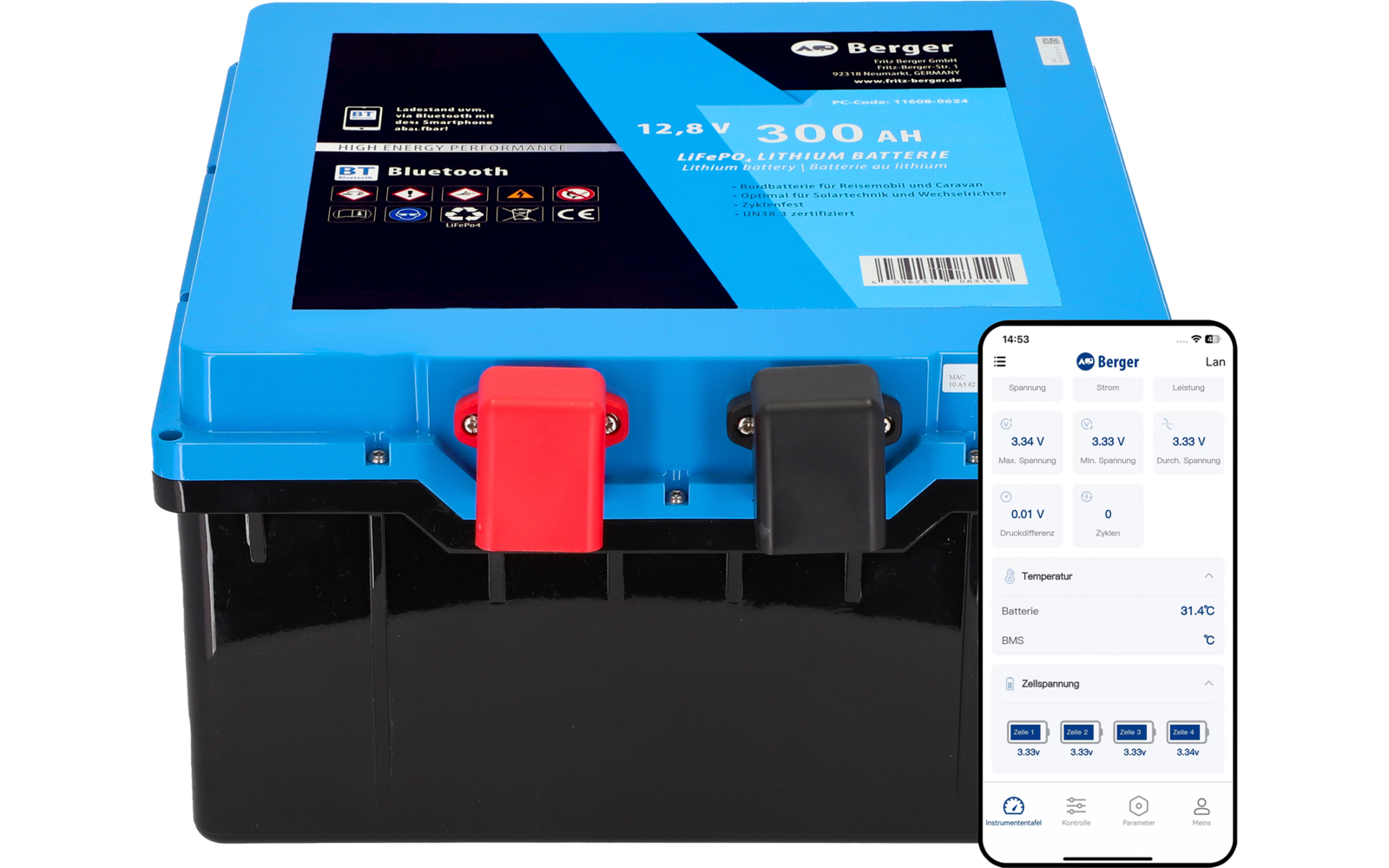 Blaue rechteckige Batterie mit oberer Etikette 'Berger' und '12,8 V 300 Ah LiFePO4', rote und schwarze Polklemmen vorne, rechts ein Smartphone mit geöffneter App-Anzeige
