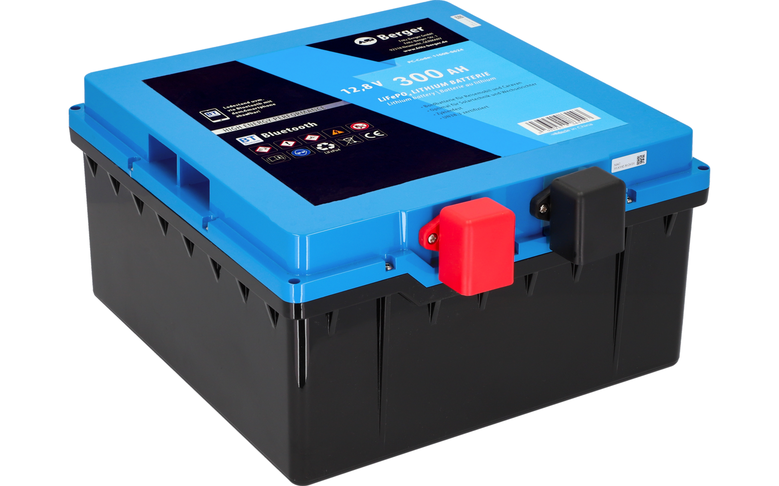 Schwarze Autobatterie mit blauem Deckel und zwei Polanschlüssen, ein roter und ein schwarzer