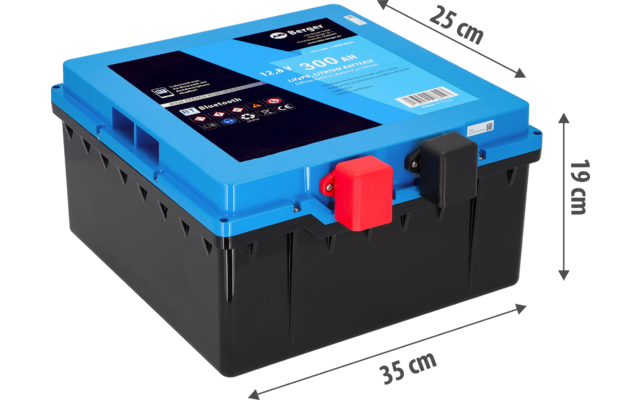 Schwarzer rechteckiger Kunststoffbehälter mit blauem Deckel, roter und schwarzer Anschlusskappe, Etikett und Maßpfeilen