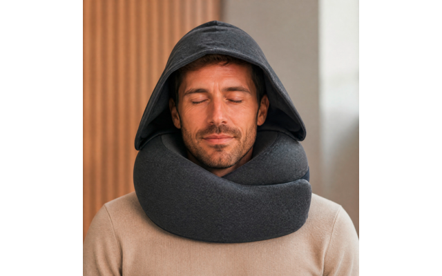 Personne aux yeux fermés, coussin de nuque sombre autour du cou et capuche relevée, pull beige, lambris en bois et mur clair en arrière-plan