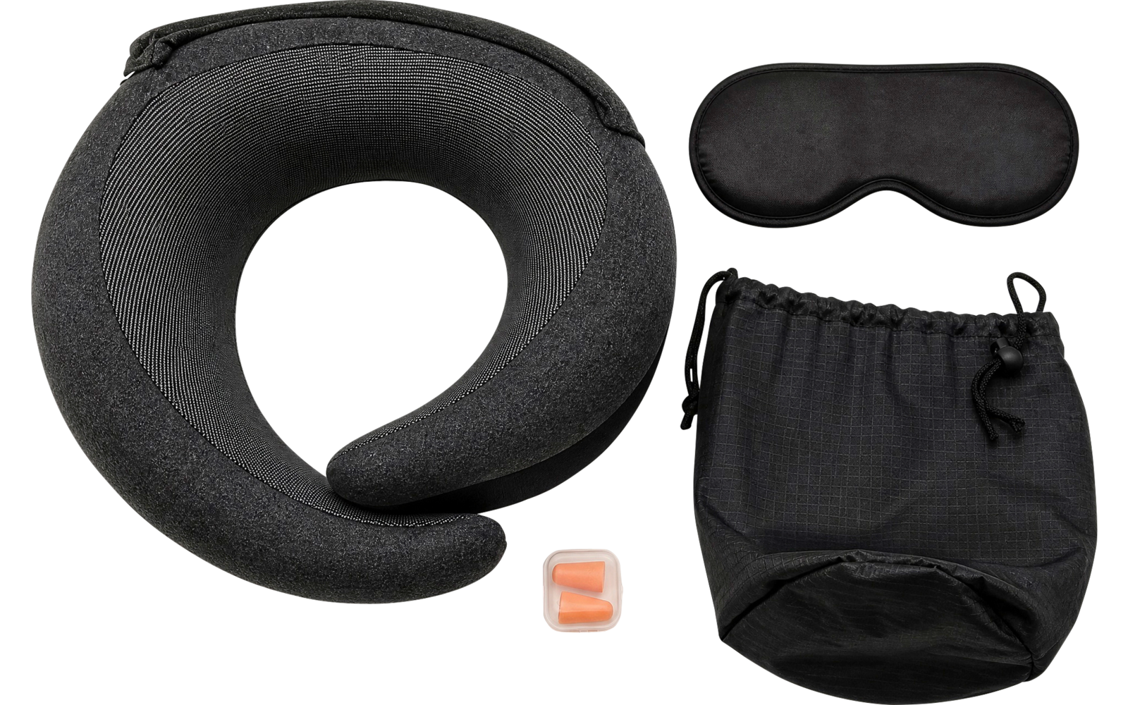 Coussin de voyage en U, masque de sommeil, bouchons d'oreilles dans un petit étui transparent et pochette noire à cordon côte à côte sur fond blanc