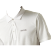 Person wearing a white short-sleeve polo shirt, looking down, Regatta Great Outdoors logo visible on the left chest