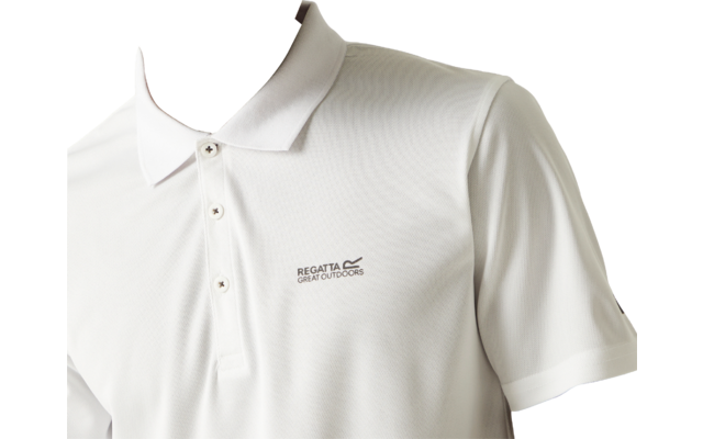 Person wearing a white short-sleeve polo shirt, looking down, Regatta Great Outdoors logo visible on the left chest