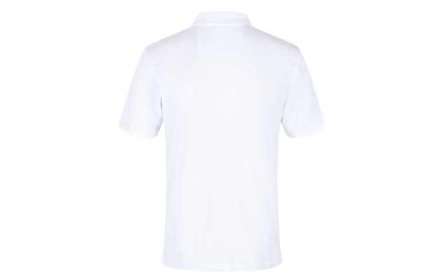 weißes Poloshirt mit kurzen Ärmeln, Rückansicht, Kragen sichtbar, weißer Hintergrund