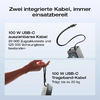 Hand hält ein rotes 100 W USB-C Trageband-Kabel, Text beschreibt Kabelmerkmale