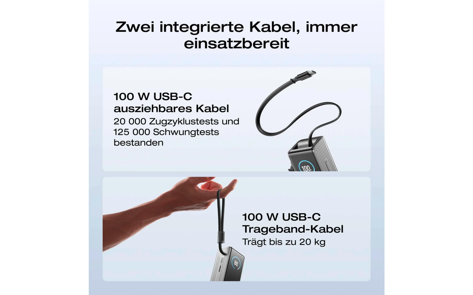 Hand hält ein rotes 100 W USB-C Trageband-Kabel, Text beschreibt Kabelmerkmale