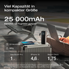 Geöffneter Koffer mit Laptop und Zubehör auf einem Tisch, daneben ein Smartphone, Text zeigt Kapazität 25000mAh