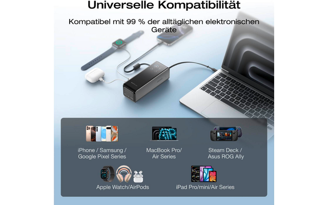 Abbildung von drei verschiedenen Ladekabeln neben einem Laptop und einer Smartwatch