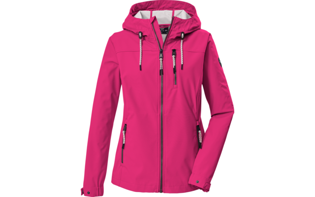 Pinkfarbene Kapuzenjacke mit durchgehendem Reißverschluss, Brust- und Seitentaschen, Kordelzügen an der Kapuze und rundem Patch am linken Ärmel