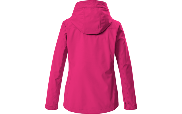Rückenansicht einer pinken Jacke mit Kapuze und langen Ärmeln