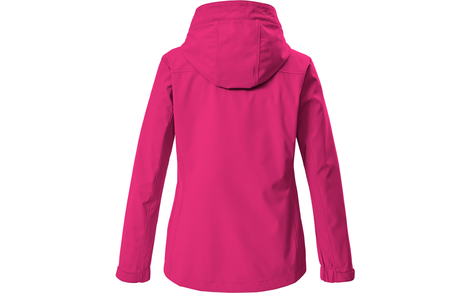 Rückenansicht einer pinken Jacke mit Kapuze und langen Ärmeln