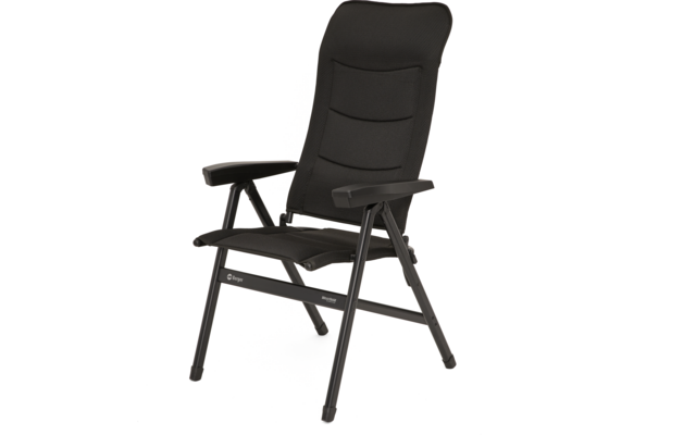 Schwarzer gepolsterter Klappstuhl mit hoher Rückenlehne, gepolstertem Sitz, Armlehnen und schwarzem Metallgestell
