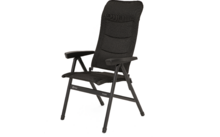 Chaise pliante noire rembourrée avec dossier haut, assise rembourrée, accoudoirs et cadre métallique noir