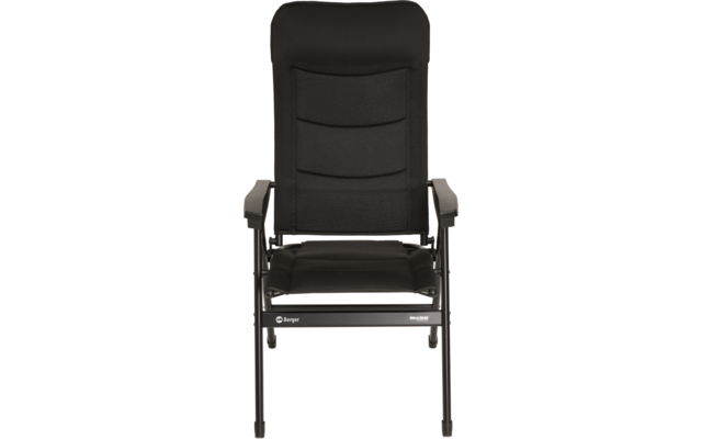 Schwarzer, gepolsterter Stuhl mit Armlehnen, sichtbarem Metallgestell, dreiteiliger Rückenpolsterung und 'Berger'-Logo vorne