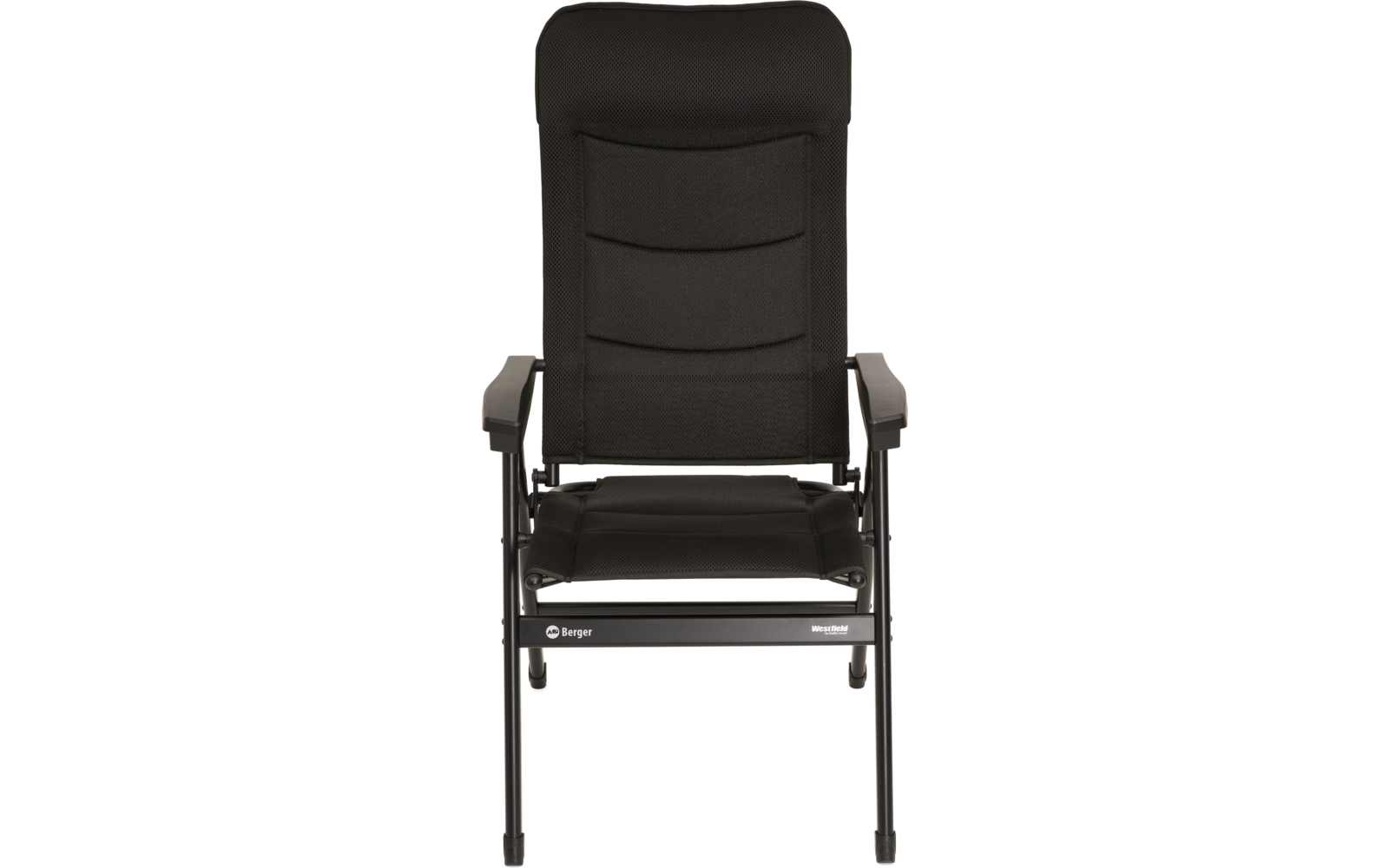 Schwarzer, gepolsterter Stuhl mit Armlehnen, sichtbarem Metallgestell, dreiteiliger Rückenpolsterung und 'Berger'-Logo vorne