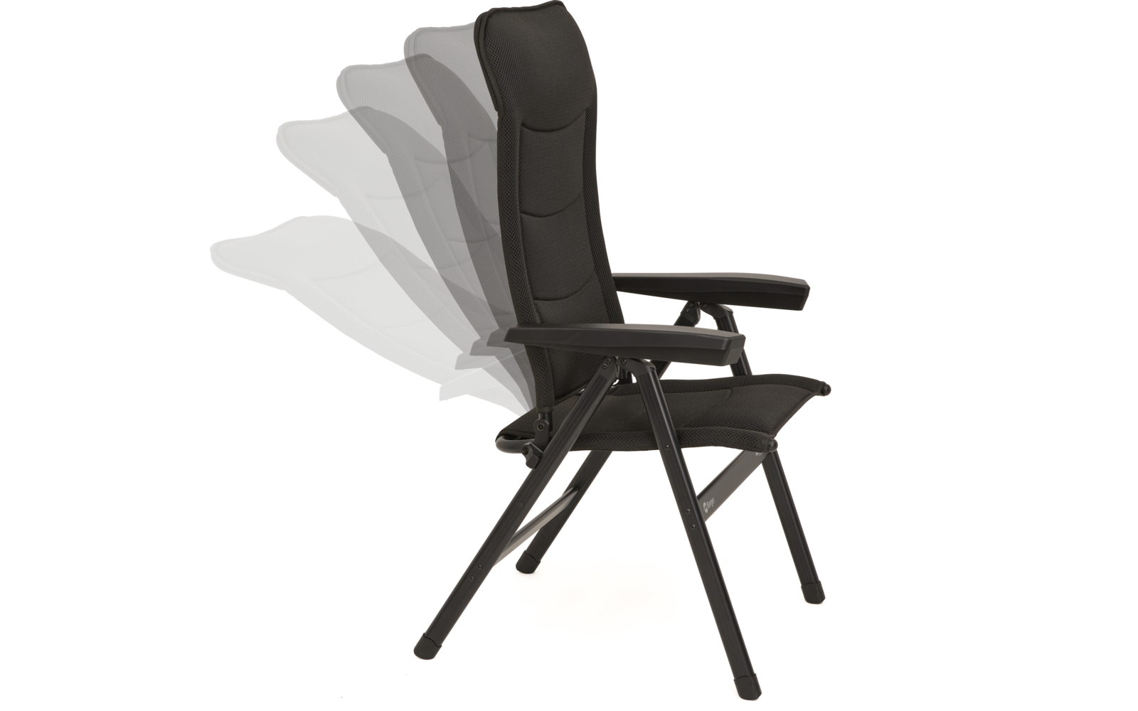 Schwarzer gepolsterter Stuhl mit Armlehnen; Rückenlehne in mehreren Positionen dargestellt; weißer Hintergrund