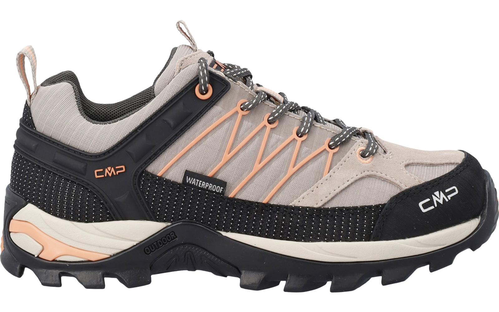 Beiger und hellgrauer Schnürschuh mit schwarzer Profilsohle, orangefarbenen Zierstreifen, Schnürsenkeln, "WATERPROOF"-Label und CMP-Logo an Seite und Vorderkappe